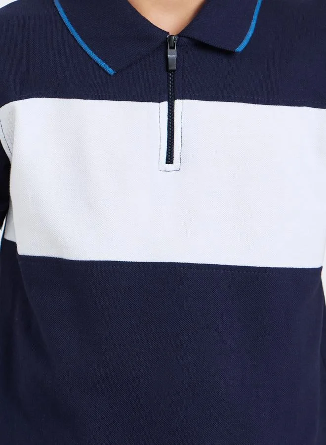 Styli Boys Navy Blue Color Block Polo T-Shirt with Zipper