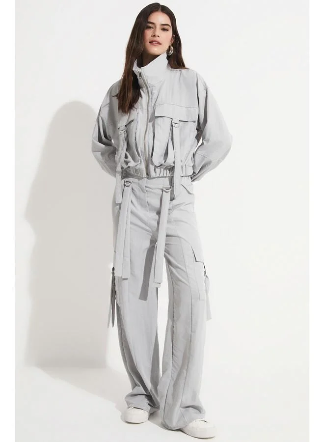 JUNE June Women Pocket Detailed Crop Jacket Trouser Set Grey