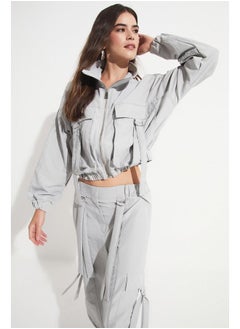 JUNE June Women Pocket Detailed Crop Jacket Trouser Set Grey  - Image 1