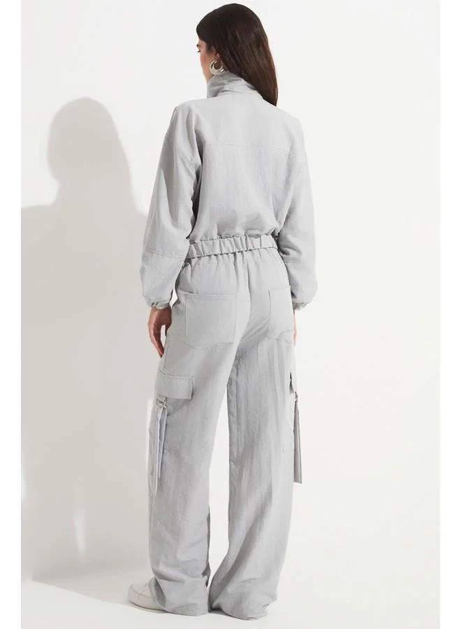 JUNE June Women Pocket Detailed Crop Jacket Trouser Set Grey