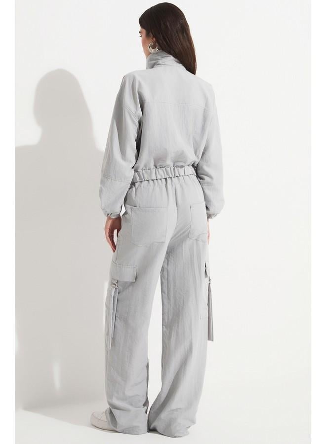 جون طقم بنطلون وجاكيت قصير نسائي جيوب تفصيل رمادي - Image 5