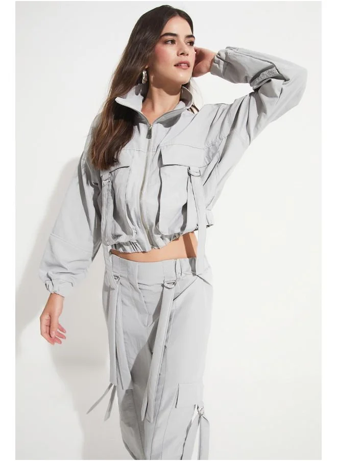 جون June Women Pocket Detailed Crop Jacket Trouser Set Grey