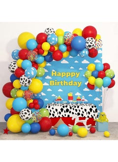 152Pcs Toy Inspired Story Balloons Arch Garland Kit, Cow Pattern Cloud Yellow Red Blue Green Confetti Latex Balloons For Kids Toy Inspired Story Theme Birthday Party Supplies Decorations