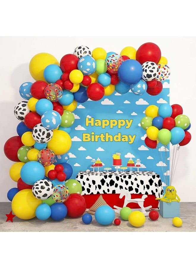 Amandir - 152Pcs Toy Inspired Story Balloons Arch Garland Kit, Cow Pattern Cloud Yellow Red Blue Green Confetti Latex Balloons For Kids Toy Inspired Story Theme Birthday Party Supplies Decorations - Image 1