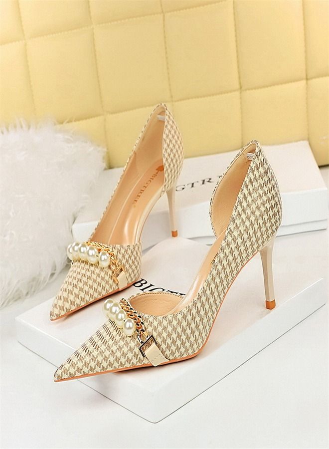 BIGTREE Side Cut-Out Thousand Bird Check Pearl Metal Chain High Heels 7.5CM Multicolour