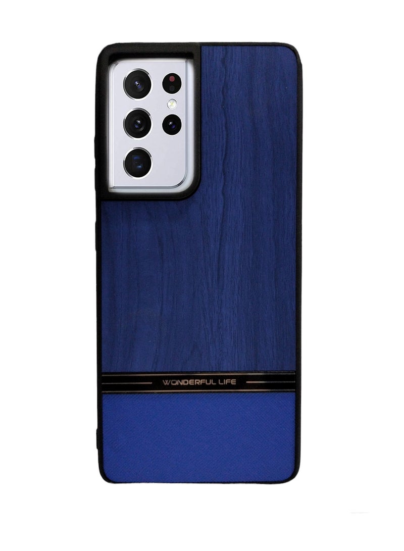hockproof Wood Grain Skin PU and TPU Shockproof Luxury Phone Case for Samsung Galaxy S21 Ultra (Blue)