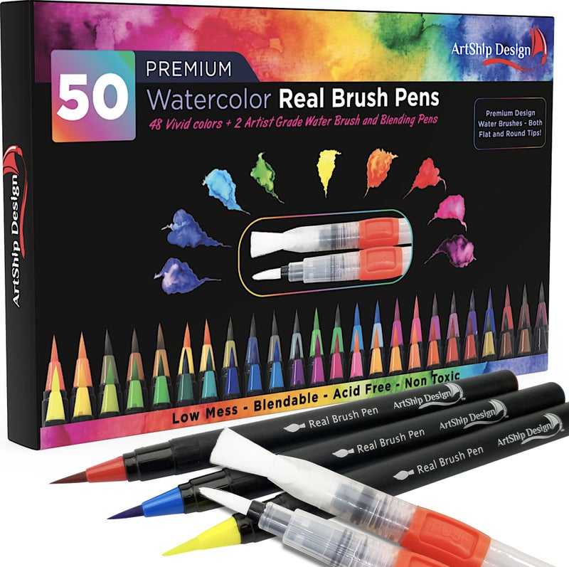 ArtShip Design 50 Bonus Pack Watercolor Brush Pens Combo Pack, 48 Colors 2 Water Brushes, Flexible Real Nylon Brush Tips, for Watercolor Painting Calligraphy Coloring, Beginner or Artist, Portable, Low Mess - Image 1
