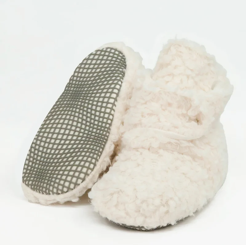 Ella Bonna Teddy Baby Slipper, Non-Slip Sole, Organic Cotton Lining, Home Nursery Shoes, Ecru White