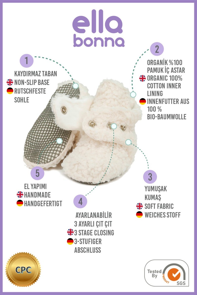 Ella Bonna Teddy Baby Slipper, Non-Slip Sole, Organic Cotton Lining, Home Nursery Shoes, Ecru White - Image 4