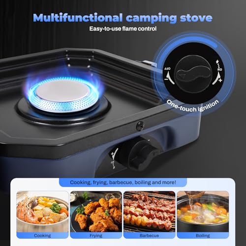 FAHKNS Propane Double Burner Two Burner Camp Stove, 16000 BTU Portable Folding Gas Stove for Camping, With grill, grill pan and carry bag, For camping, home backyard, canning, frying turkey (Blue) - Image 4