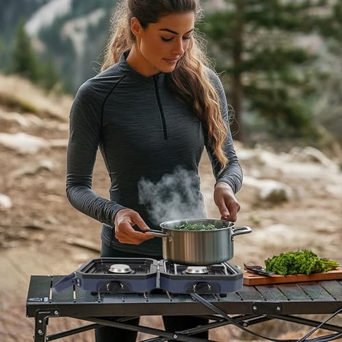 FAHKNS Propane Double Burner Two Burner Camp Stove, 16000 BTU Portable Folding Gas Stove for Camping, With grill, grill pan and carry bag, For camping, home backyard, canning, frying turkey (Blue) - Image 3