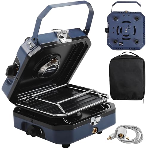 FAHKNS Propane Double Burner Two Burner Camp Stove, 16000 BTU Portable Folding Gas Stove for Camping, With grill, grill pan and carry bag, For camping, home backyard, canning, frying turkey (Blue) - Image 1