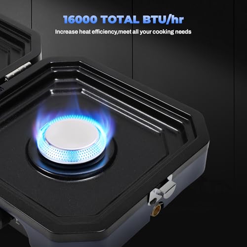 FAHKNS Propane Double Burner Two Burner Camp Stove, 16000 BTU Portable Folding Gas Stove for Camping, With grill, grill pan and carry bag, For camping, home backyard, canning, frying turkey (Blue) - Image 2