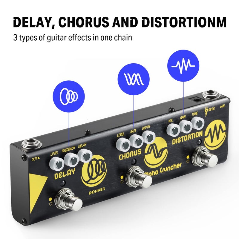 Donner Multi Effects Guitar Pedal Alpha Cruncher 3 Type Effects Delay Chorus Distortion Pedal with Adapter for Electric Guitar - Image 2