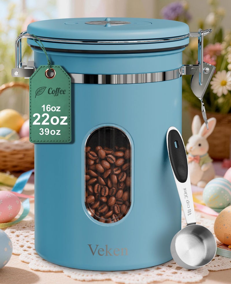 Veken Coffee Canister with Window, Easter Gifts Airtight Stainless Steel Container with Lids, Home Kitchen Food Storage Jars for Grounds, Beans, Tea, Flour, Cereal, Sugar, Basket, Scoop, 22OZ, Blue - Image 1