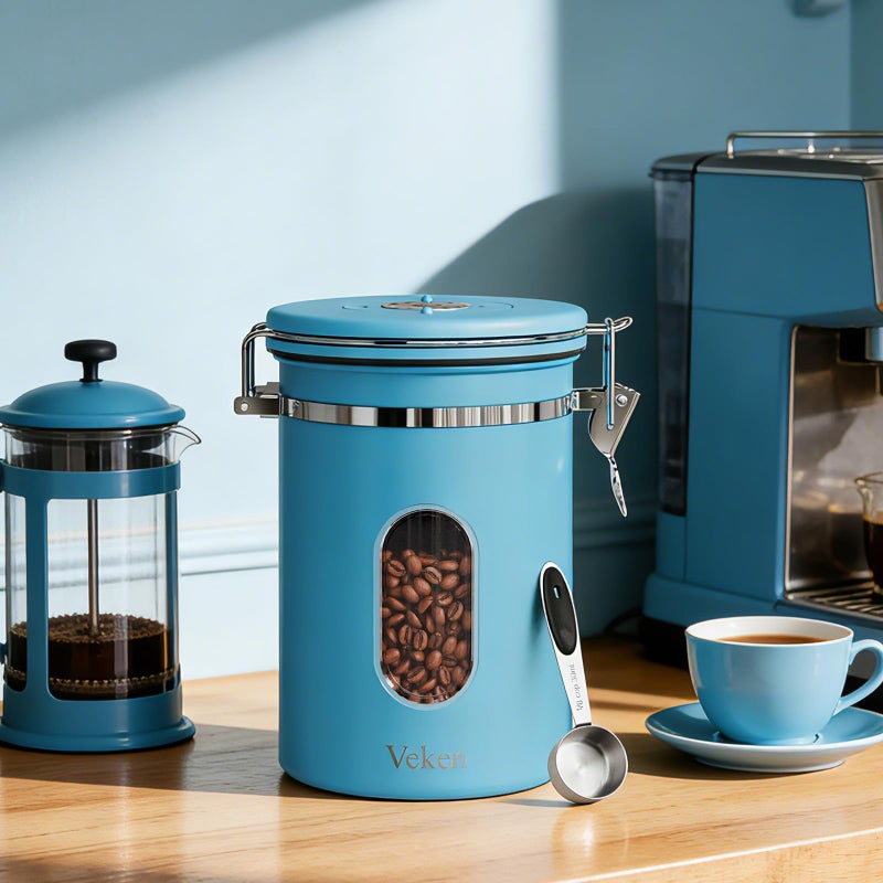 Veken Coffee Canister with Window, Easter Gifts Airtight Stainless Steel Container with Lids, Home Kitchen Food Storage Jars for Grounds, Beans, Tea, Flour, Cereal, Sugar, Basket, Scoop, 22OZ, Blue - Image 4