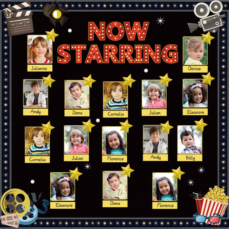 Naozinebi Movie Star Bulletin Board Set Now Starring Bulletin Board for Classroom Decor DIY Photo Crafts Camera Lights Learn Clapperboard Film Tickets Cutouts Accents for School Chalkboard Wall Supplies - Image 2