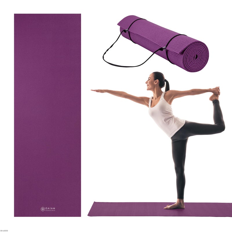 Gaiam Essentials 1/4" Thin (6mm) Yoga & Pilates, Fitness & Exercise Mat with Easy-Cinch Carrier Strap Cusion Support For Fitness and Gym Workouts - Image 1