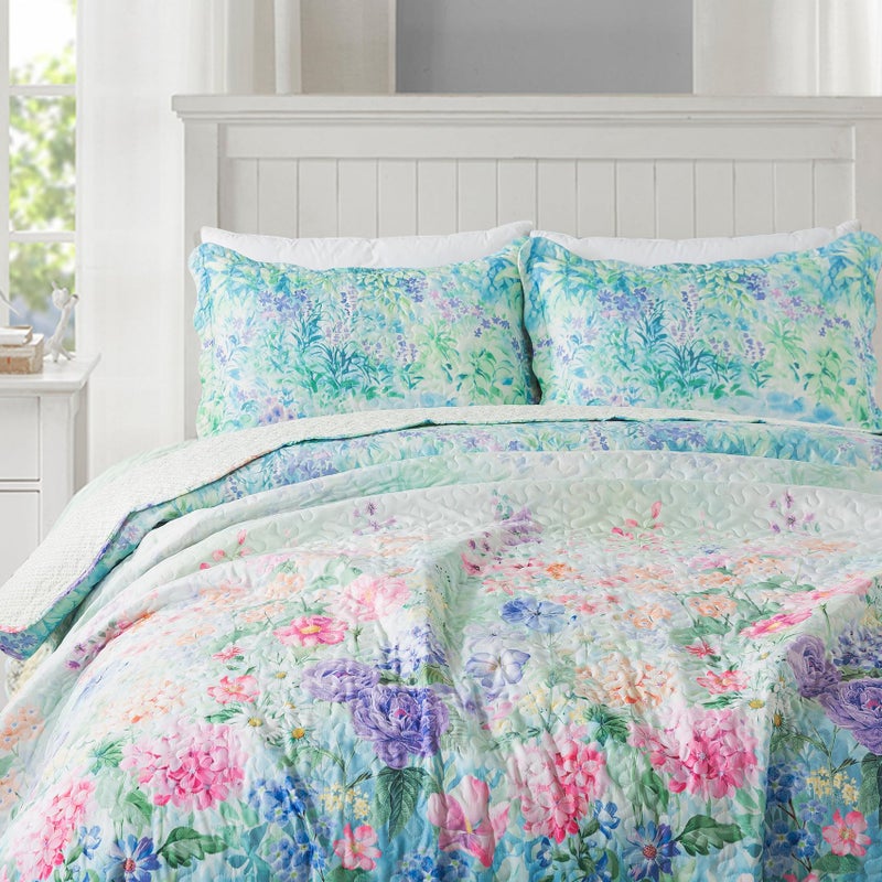 Travan Floral Quilt Set, Ultra Soft & Fade Resistant Bedding Set with 1 Quilt, 2 Shams Purple for All Season, Dream Garden - Queen - Image 3