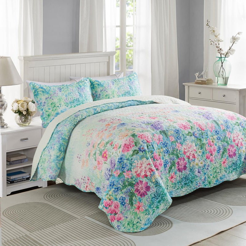 Travan Floral Quilt Set, Ultra Soft & Fade Resistant Bedding Set with 1 Quilt, 2 Shams Purple for All Season, Dream Garden - Queen - Image 2