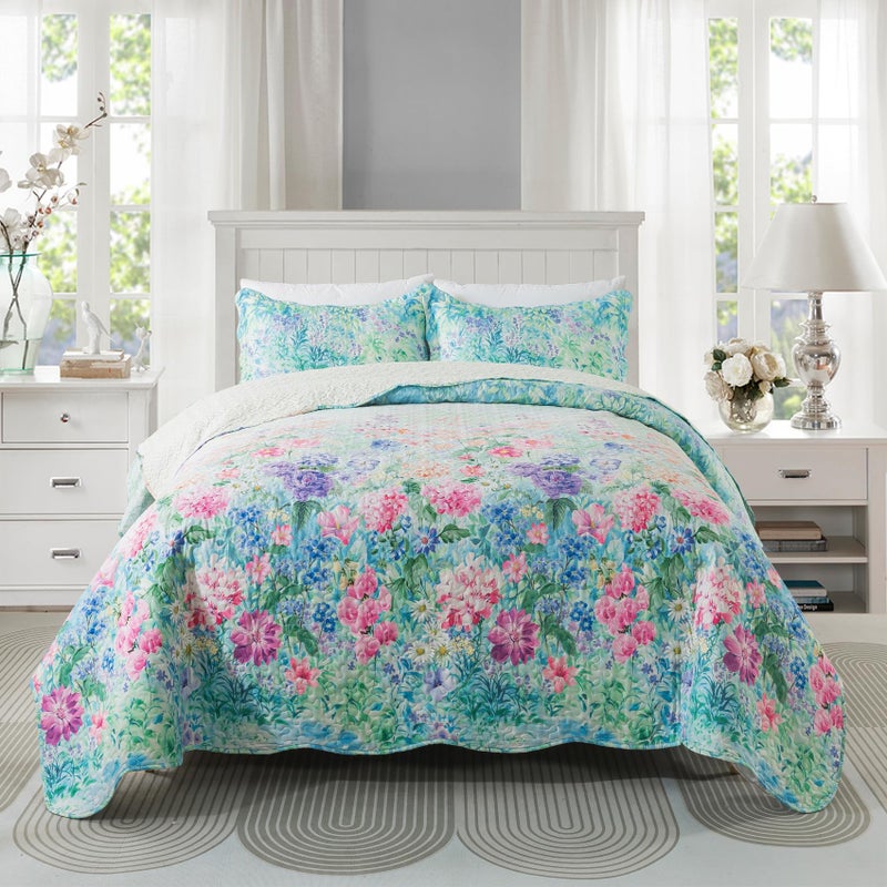 Travan Floral Quilt Set, Ultra Soft & Fade Resistant Bedding Set with 1 Quilt, 2 Shams Purple for All Season, Dream Garden - Queen - Image 1