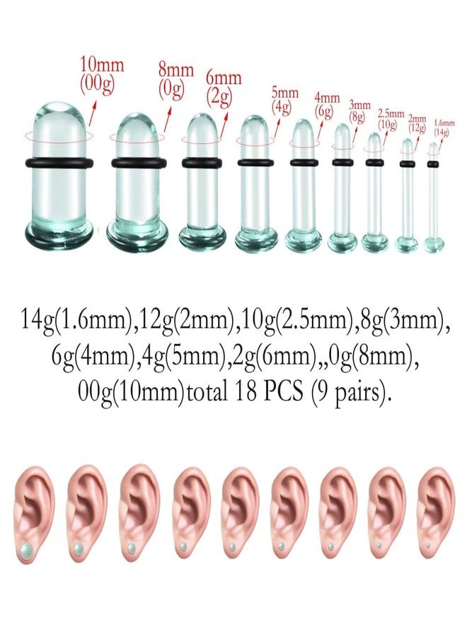 Earblity 18PCS Aquamarine Single Flare Glass Stretching kits Short Taper Expander with Rubber O-Rings,1.6-10mm(14G-00G) Ear Gauges Tunnels Plugs,4 colors Cylindrical Body Piercing - Image 2