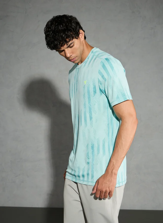 Technosport Technosport Green Jacquard Slim Fit Crew Neck T-Shirt