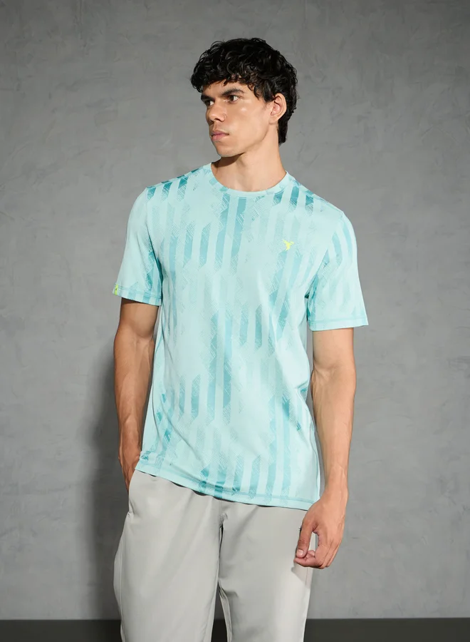 Technosport Technosport Green Jacquard Slim Fit Crew Neck T-Shirt