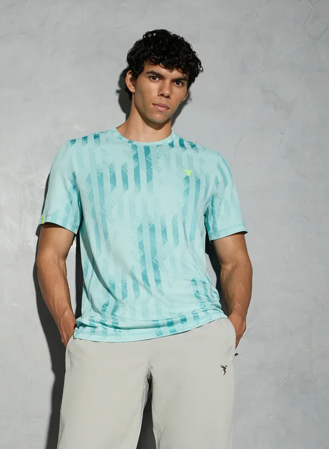 Technosport Technosport Green Jacquard Slim Fit Crew Neck T-Shirt