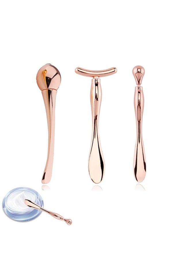 BetterJonny 3Pcs Metal Eye Cream Applicator Roller Wand Stick, Cosmetics Spoon Eye Cream Massager Wand Girls Women Facial Massager for Fatigue Relief Reduce Puffiness (Rose Gold) - Image 1