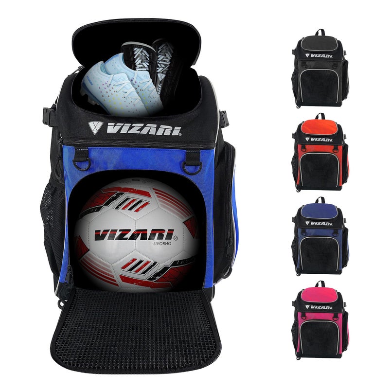 Vizari Soccer Backpack Soccer Bag Water resistant Durable Equipment Bag for Football Basketball Volleyball Cleats and Ball Compartment Black Blue Red - Image 2