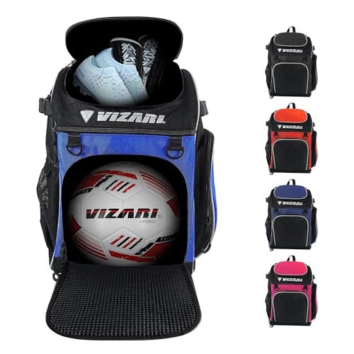 Vizari Soccer Backpack Soccer Bag Water resistant Durable Equipment Bag for Football Basketball Volleyball Cleats and Ball Compartment Black Blue Red - Image 1