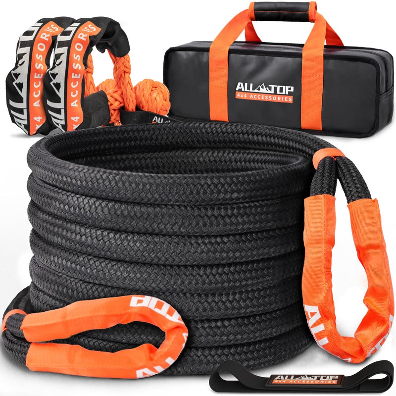 طقم حبل الاسترداد الحركي ALLTOP مع 2 خطافات ناعمة 48000 رطل 1 بوصة × 30 قدم ثقيل 30 مرونة 16000 رطل حد تحميل العمل