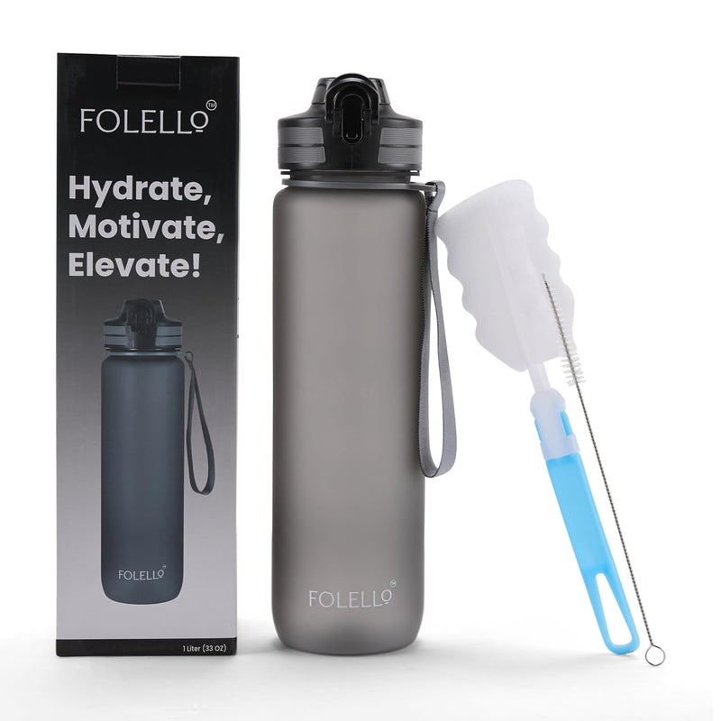 FOLELLO 1L Tritan Water Bottle with Motivational Time Marker Leakproof Sipper Bottle for Gym Office and Travel NonToxic BPAFree Water Bottles with Hydration Reminder App Stylish Grey - Image 2