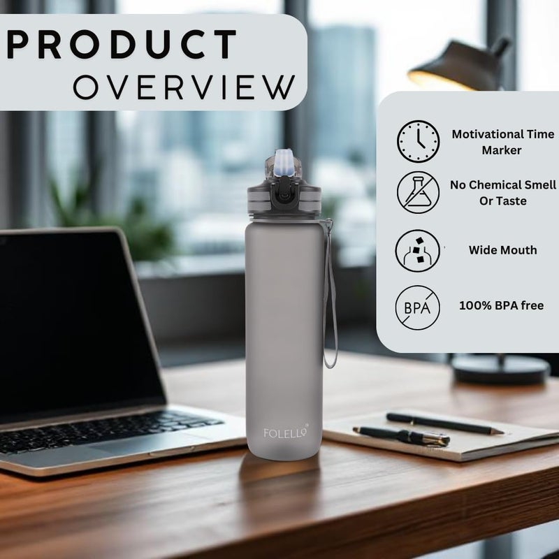 FOLELLO 1L Tritan Water Bottle with Motivational Time Marker Leakproof Sipper Bottle for Gym Office and Travel NonToxic BPAFree Water Bottles with Hydration Reminder App Stylish Grey - Image 3