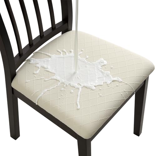 Fuloon Waterproof Seat Cushion Covers 6 PCS Stretch Jacquard Chair Seat Covers Washable Dining Room Chair Slipcovers Removable Kitchen Cushion Protector 6 WaterproofBeige
