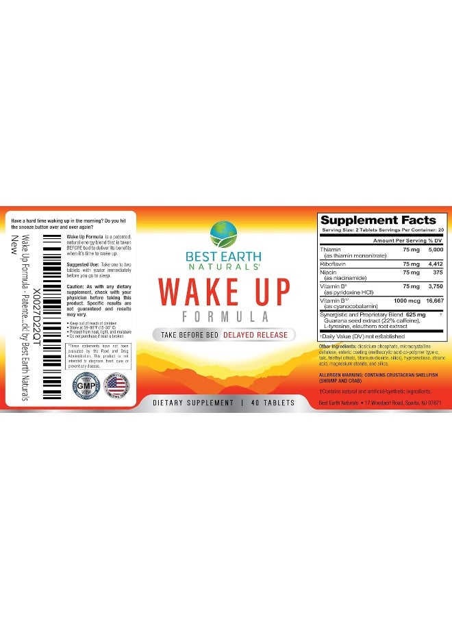 Best Earth Naturals - Wake Up Formula, Supplement Taken At Bedtime And Works While You Sleep For Delayed Time Release Energy In Morning. Alternative To Coffee And Morning Alarm Clock 40 Count - Image 1