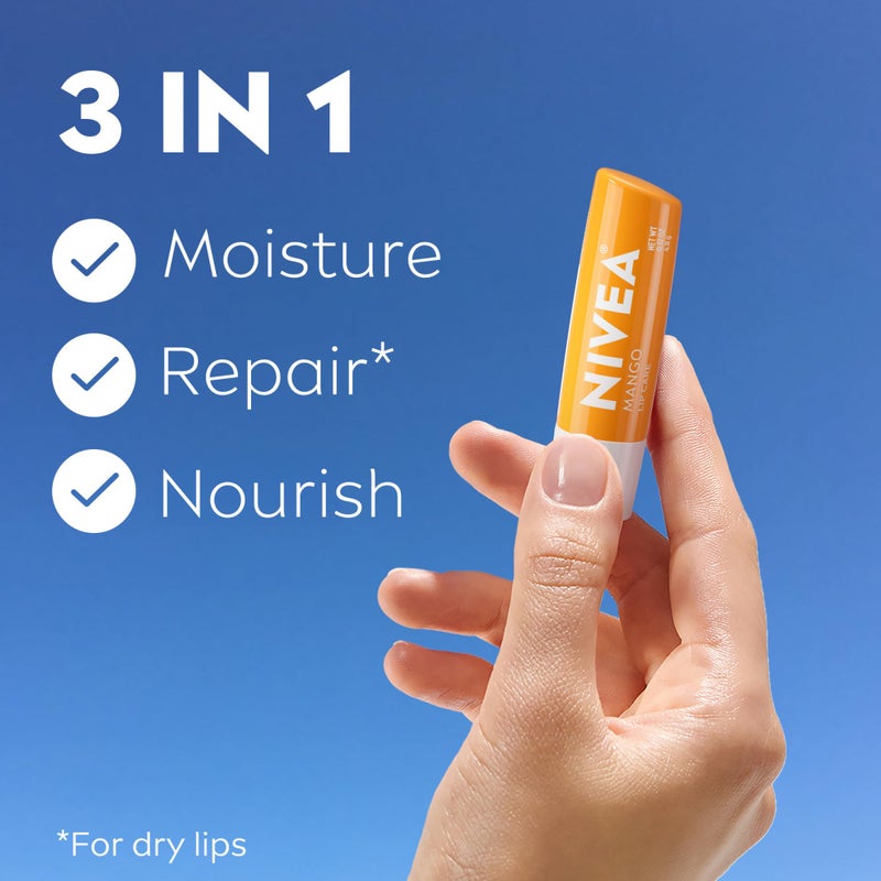 NIVEA Mango Lip Care, Vegan Lip Balm Pack with Shea Butter, Nourishing Oils and Vitamin C & E, 3-in-1 Moisturize, Repair and Protect, 0.17 Oz Stick, Pack of 4 - Image 2