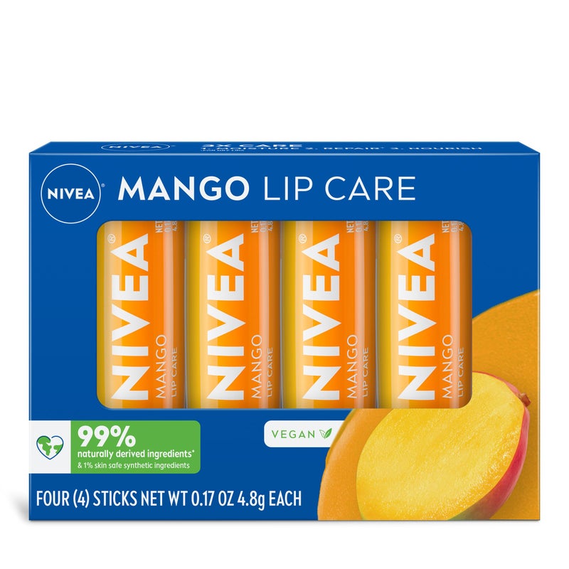 NIVEA Mango Lip Care, Vegan Lip Balm Pack with Shea Butter, Nourishing Oils and Vitamin C & E, 3-in-1 Moisturize, Repair and Protect, 0.17 Oz Stick, Pack of 4 - Image 1