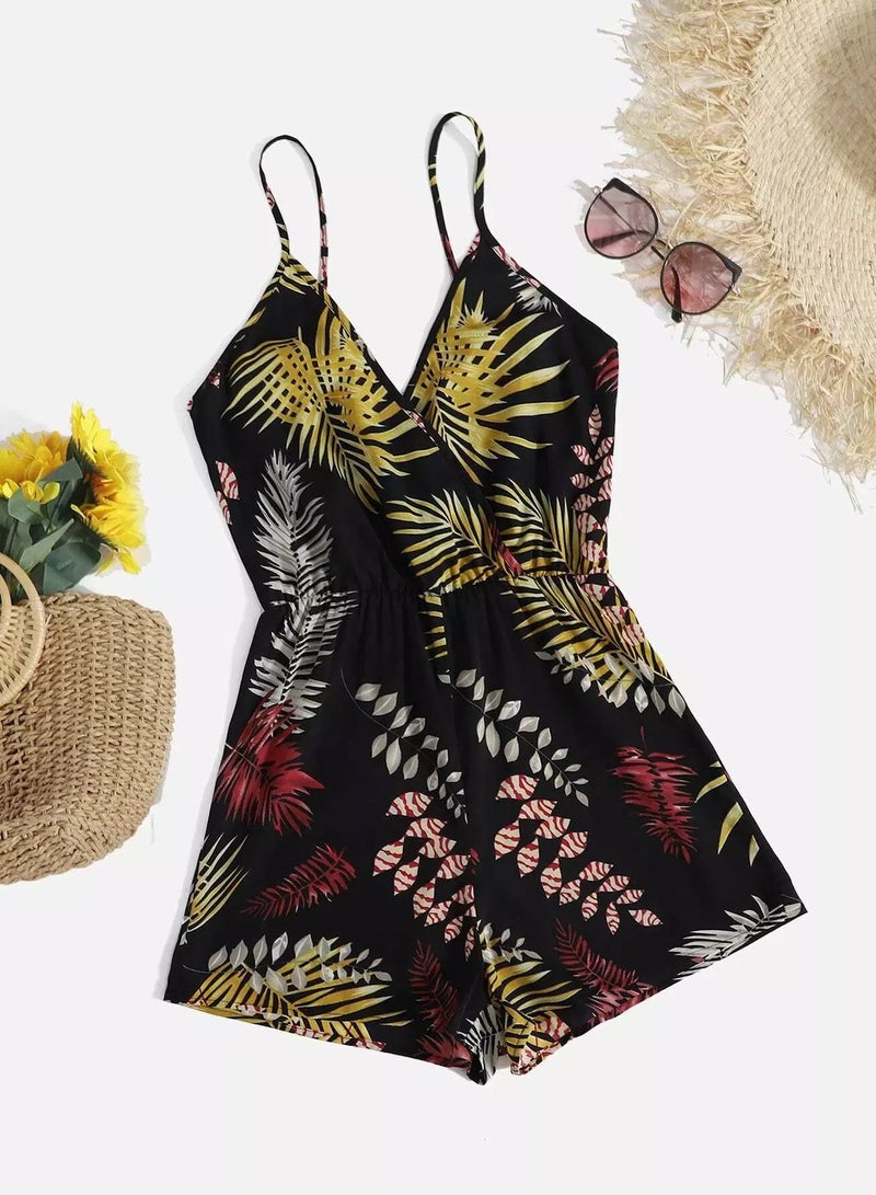 Surplice Neck Tropical Print Slip Romper - Image 1