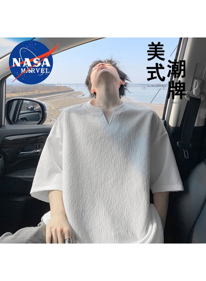 Nasa Marvel Men's Short Sleeve T-shirt Summer Casual Breathable V-neck Outdoor Leisure Top Black 4XL - Image 1