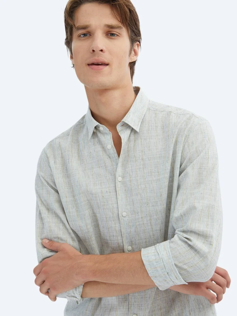 Kip Blue Striped Regular Fit Long Weaving Casual Cotton Blended Shirt