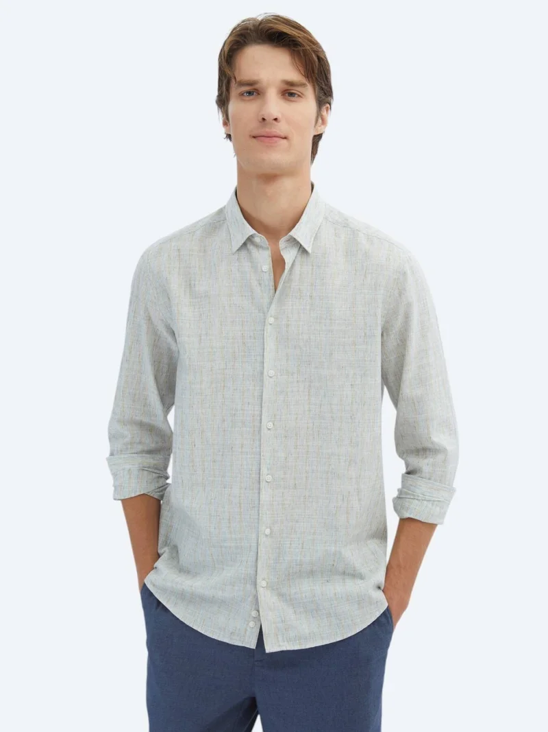 Kip Blue Striped Regular Fit Long Weaving Casual Cotton Blended Shirt