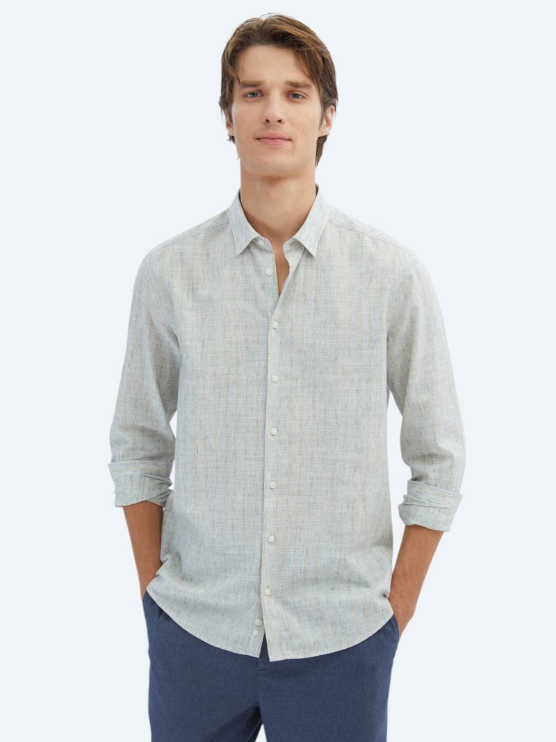 Kip Blue Striped Regular Fit Long Weaving Casual Cotton Blended Shirt - Image 1