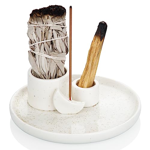 ZenBless 4 in 1 Incense Burner Holder Palo Santo Holder Sage Holder for Burning Incense Holder for Sticks Candle Holder Ceramic Ash Catcher Tray for Meditation Yoga Room Home Decor White