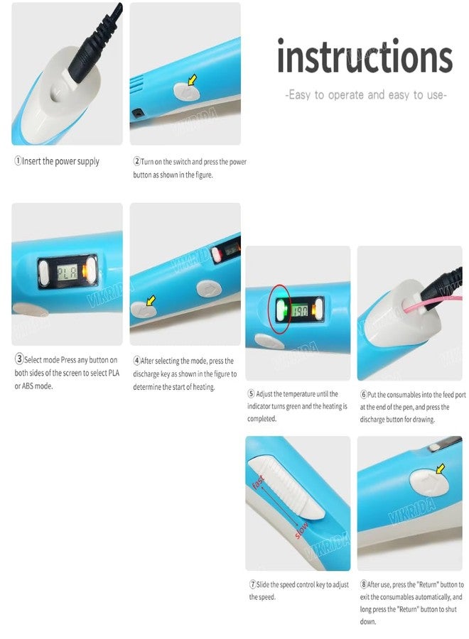 VikriDA 3D Printing Pen with LCD Display & 3 PLA Filament Colors | USB Powered 3D Drawing Pen for Kids & Adults – Multicolor - Image 5