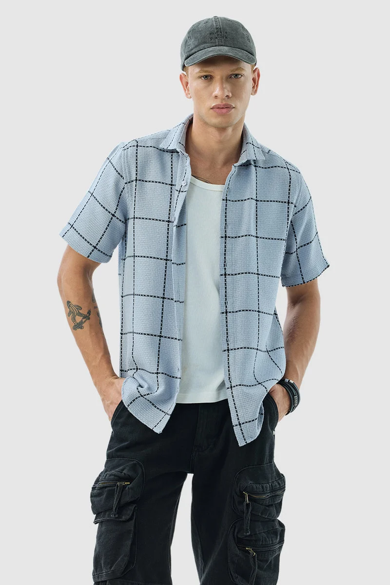 سنيتش Light Blue Checkered Half Sleeve Slim Fit Shirt