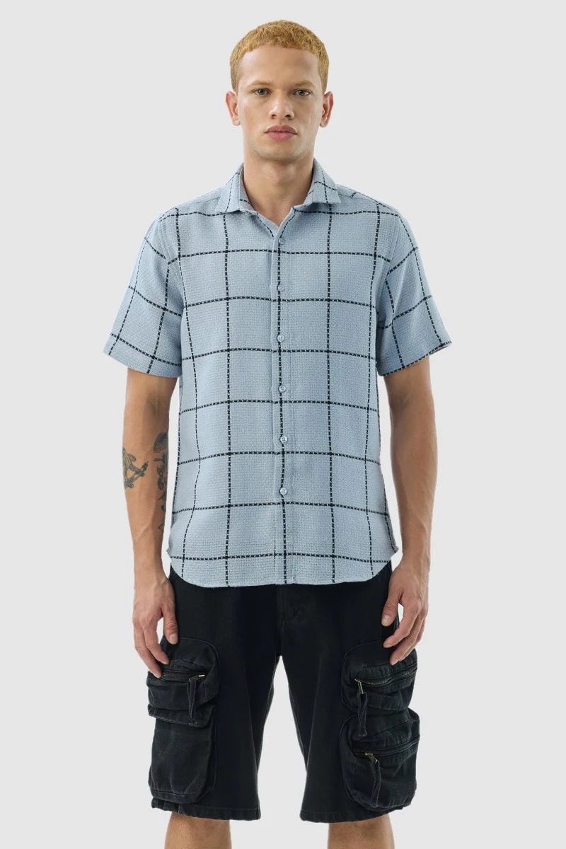 SNITCH Light Blue Checkered Half Sleeve Slim Fit Shirt