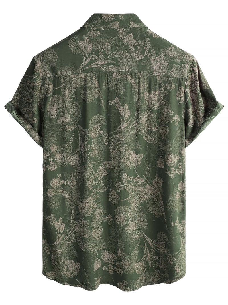 JOTOOK Mens Hawaiian Shirt Short Sleeve Button Down Tropical Shirts Casual Floral Summer Beach Shirt XX-Large ArmyGreen - Image 2