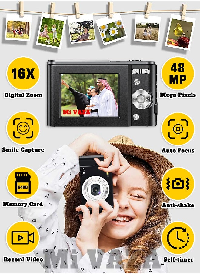 Mi VAZA Autofocus Digital Camera for Kids - FHD 1080P 48MP - Rechargeable Compact Mini Camera with 16X Digital - Portable Pocket Camera - With 64GB Memory Card  - Image 1